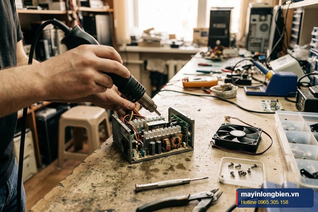 Sấy khô bo mạch nguồn bị ướt bằng máy khò nhiệt độ thấp Sấy khô bo mạch nguồn bị ướt bằng máy khò nhiệt độ thấp