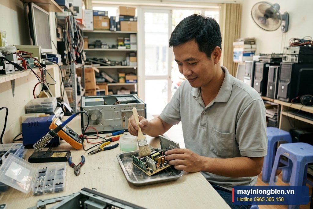 Kỹ thuật viên vệ sinh nguồn máy tính bị vào nước tại xưởng Kỹ thuật viên vệ sinh nguồn máy tính bị vào nước tại xưởng