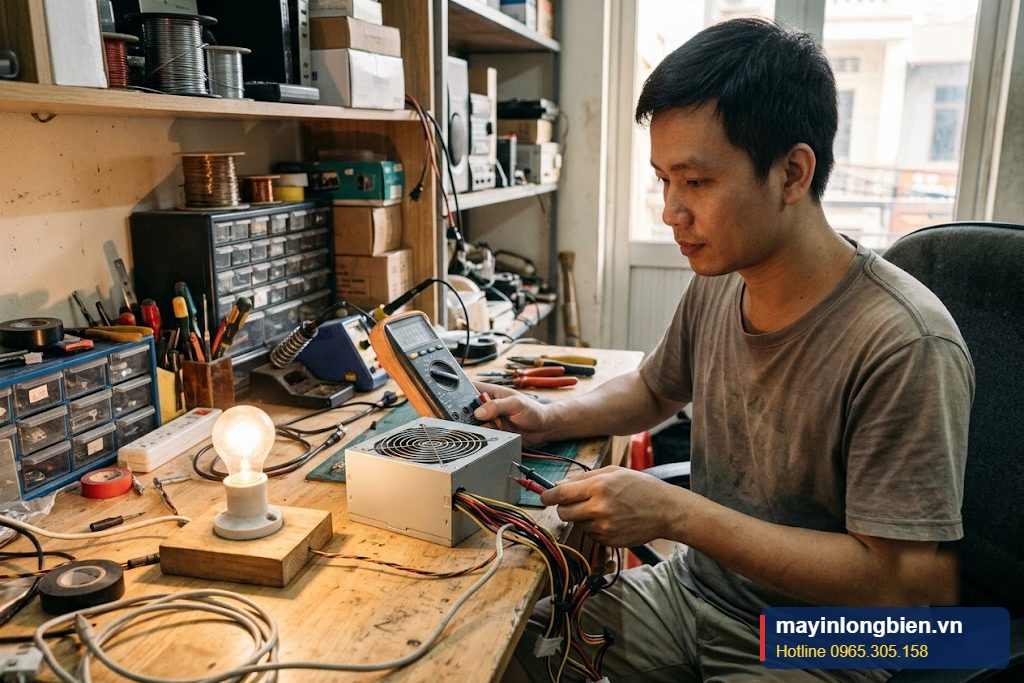 Chạy thử nguồn đã sửa qua bóng đèn nối tiếp để đảm bảo an toàn Chạy thử nguồn đã sửa qua bóng đèn nối tiếp để đảm bảo an toàn
