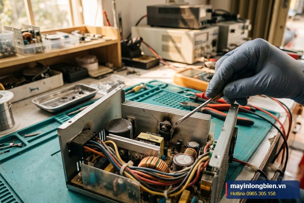 Bộ nguồn máy tính bị nổ với mosfet vỡ và muội đen trên tản nhiệt Bộ nguồn máy tính bị nổ với mosfet vỡ và muội đen trên tản nhiệt