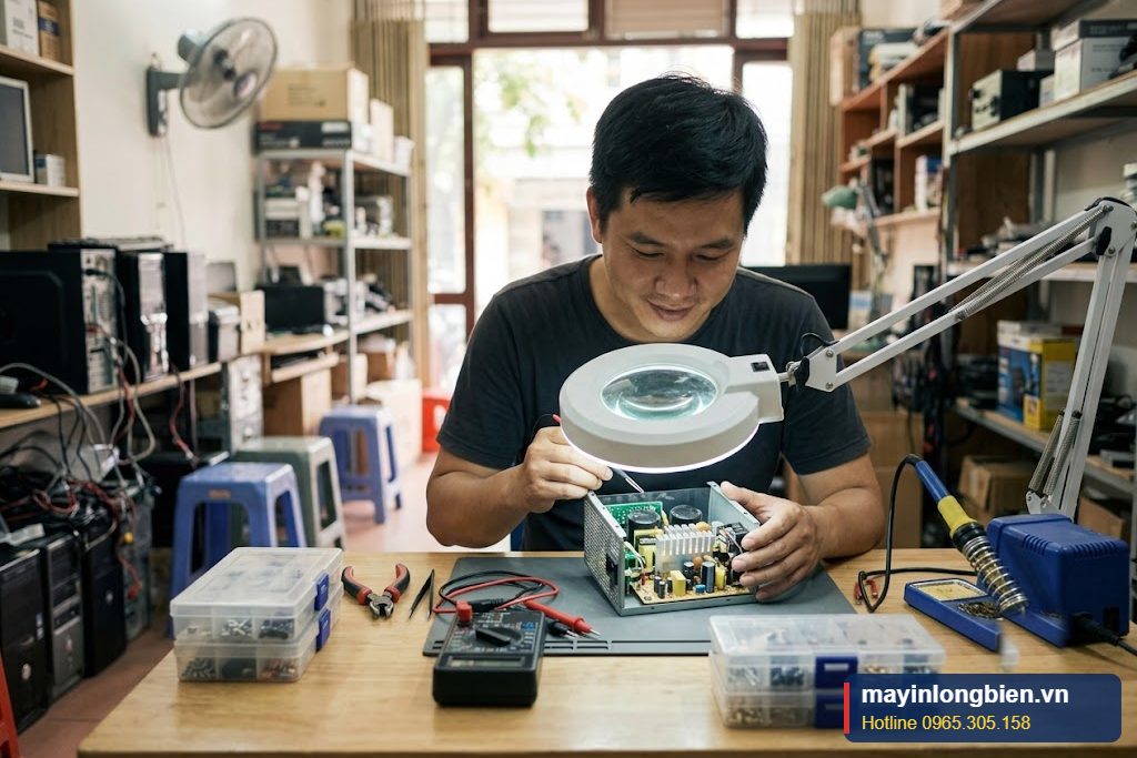 Kỹ thuật viên kiểm tra nguồn bốc mùi khét tại xưởng Thần Vũ