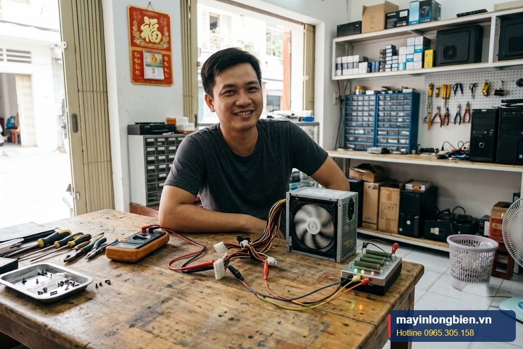 Kỹ thuật viên thay điện trở và chạy thử nguồn tại xưởng Thần Vũ Kỹ thuật viên thay điện trở và chạy thử nguồn tại xưởng Thần Vũ