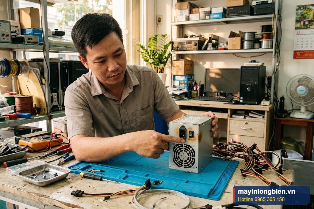 Kỹ thuật viên kiểm tra công tắc nguồn máy tính hỏng phía sau case Kỹ thuật viên kiểm tra công tắc nguồn máy tính hỏng phía sau case