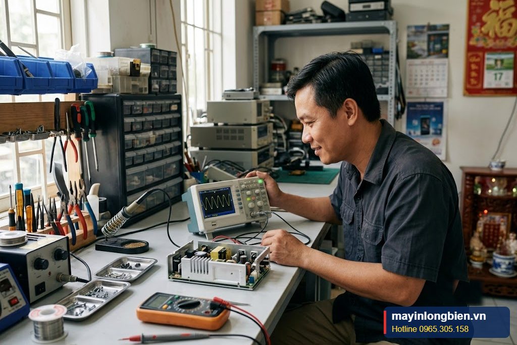 Kỹ thuật viên kiểm tra nguồn rít khi tắt máy bằng máy hiện sóng Kỹ thuật viên kiểm tra nguồn rít khi tắt máy bằng máy hiện sóng
