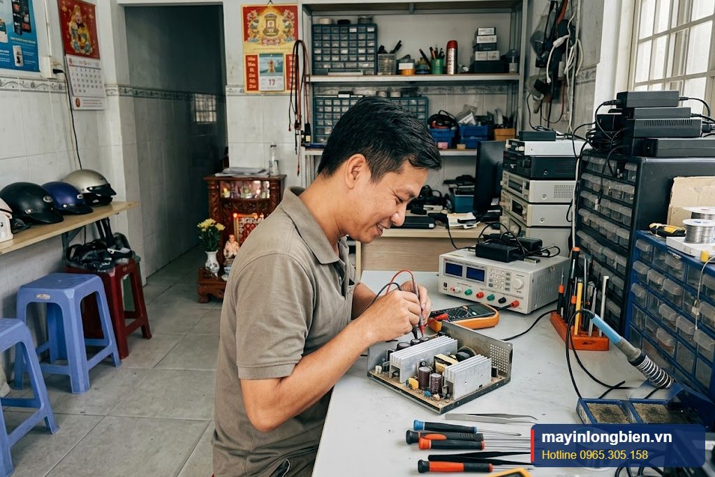 Kỹ thuật viên đo ESR tụ và chạy tải giả nguồn kêu rè