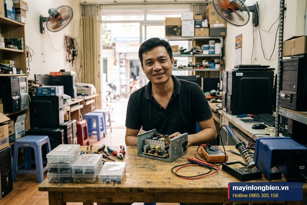 Kỹ thuật viên Thần Vũ sửa nguồn bảo vệ kêu tách tại xưởng
