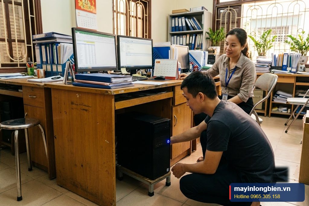 Kỹ thuật viên sửa máy tính tại văn phòng khi nút nguồn máy tính không ăn