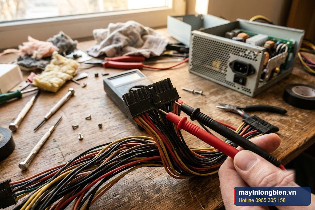 Đo dây tím trên giắc 24 pin kiểm tra mất điện chờ 5VSB Đo dây tím trên giắc 24 pin kiểm tra mất điện chờ 5VSB