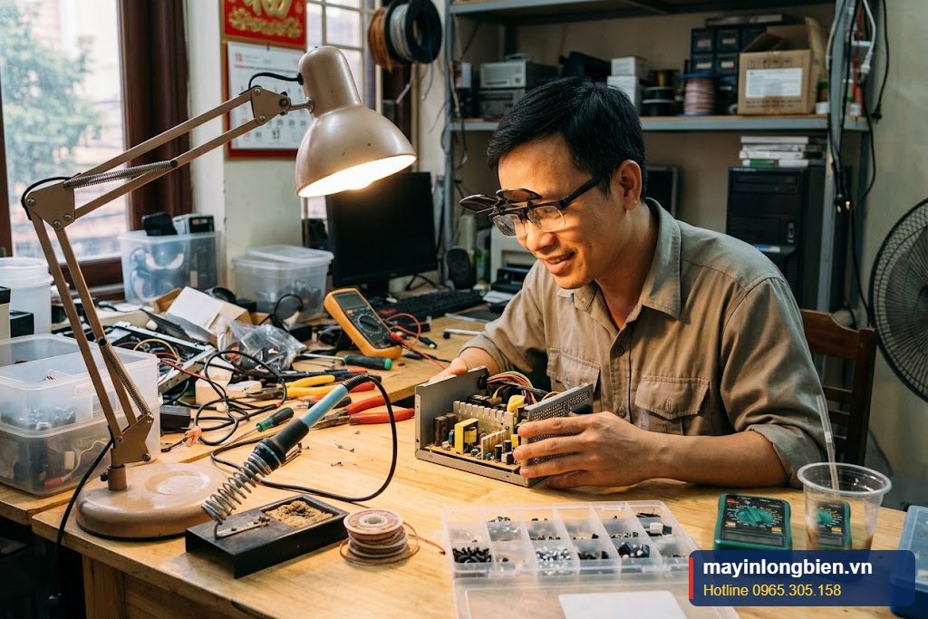Kỹ thuật viên kiểm tra mạch tạo -12V trên nguồn bị mất đường phụ Kỹ thuật viên kiểm tra mạch tạo -12V trên nguồn bị mất đường phụ