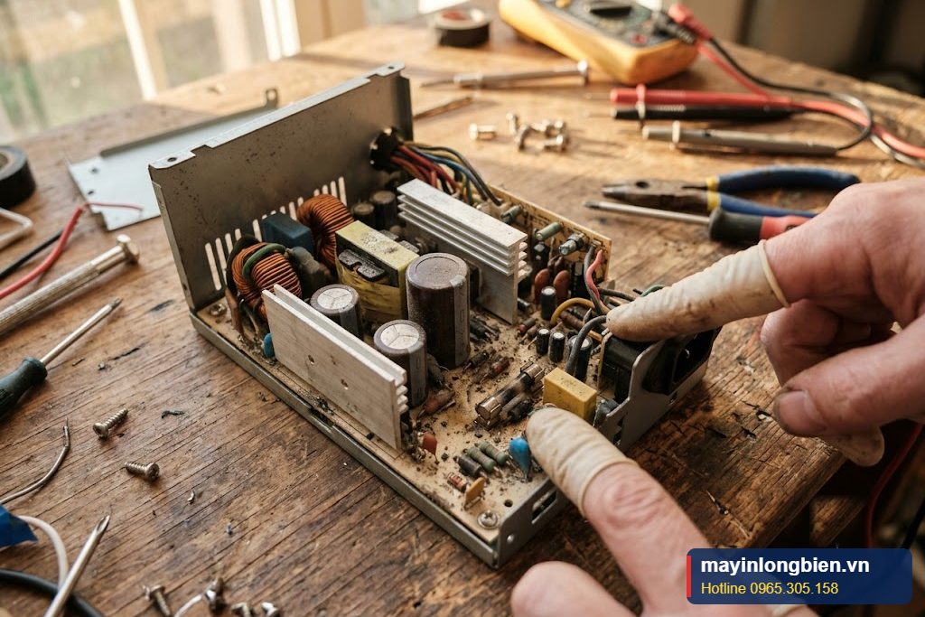 Bo mạch nguồn máy tính nổ cầu chì với cầu chì đen trên bàn sửa