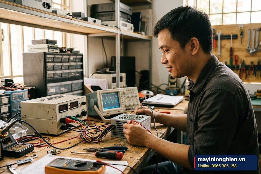Chạy thử nguồn trên tải giả sau khi thay tụ tại xưởng Thần Vũ Chạy thử nguồn trên tải giả sau khi thay tụ tại xưởng Thần Vũ