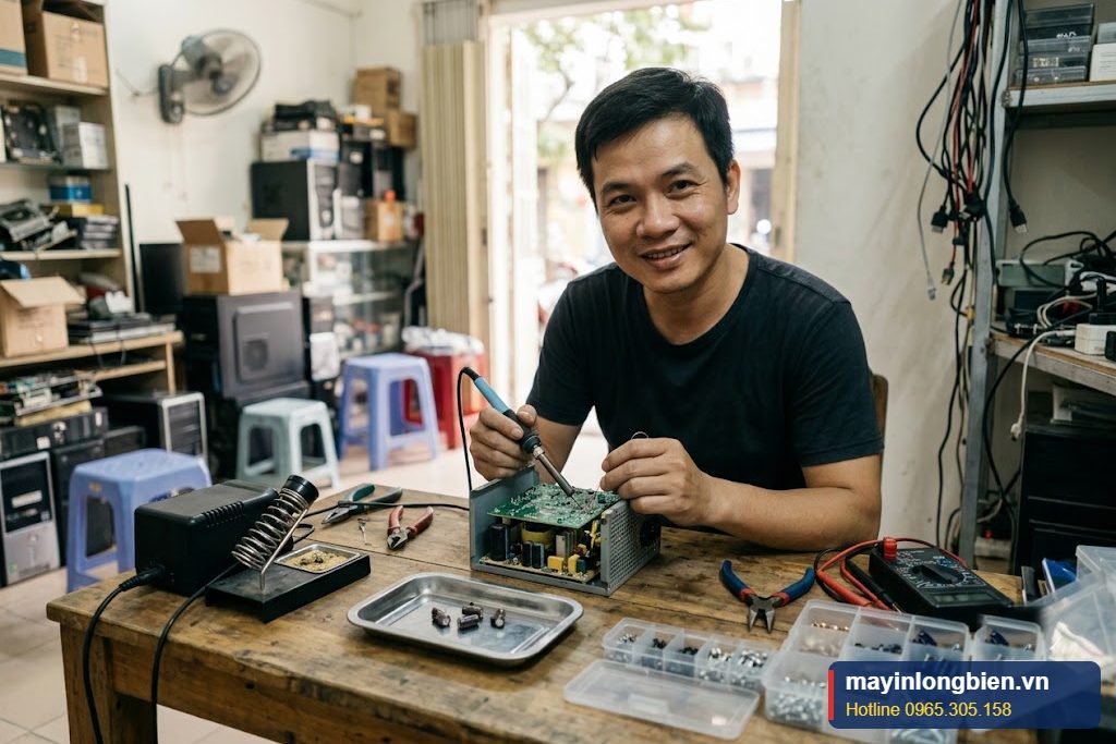 Kỹ thuật viên thay tụ lọc khi sửa nguồn sụt áp 12V