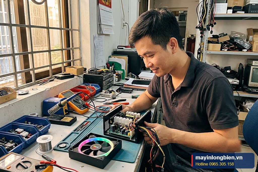 Kỹ thuật viên sửa nguồn Aerocool tại bàn sửa ở Long Biên