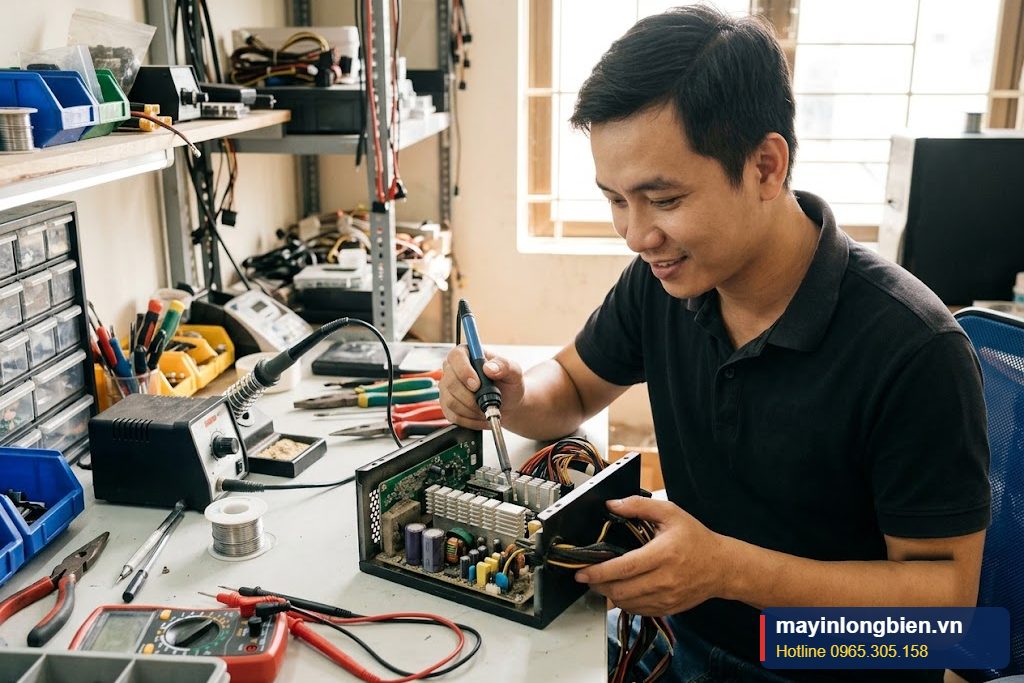 Kỹ thuật viên sửa nguồn Deepcool tại bàn làm việc ở Long Biên Kỹ thuật viên sửa nguồn Deepcool tại bàn làm việc ở Long Biên