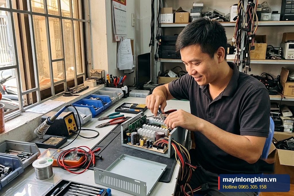 Kỹ thuật viên sửa nguồn Enermax công suất lớn tại xưởng Long Biên