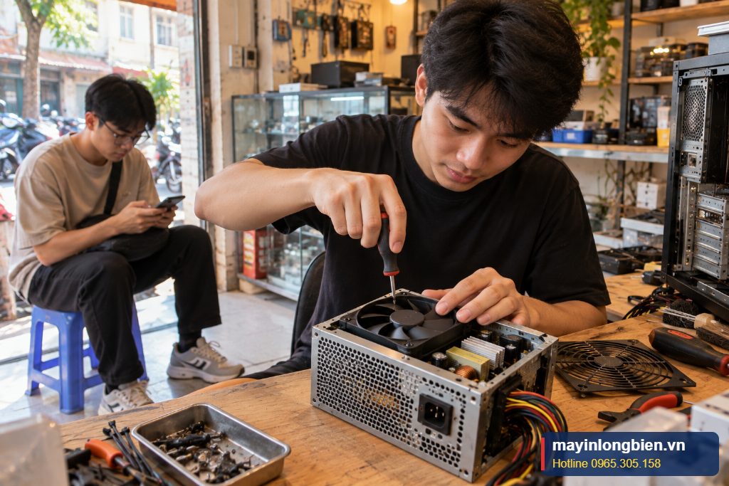 Sửa nguồn máy tính lấy ngay, thay quạt nguồn cho khách chờ tại xưởng