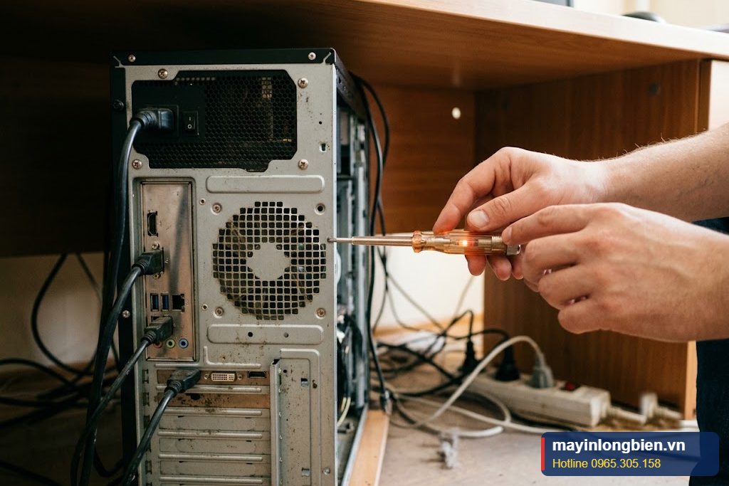 Dùng bút thử điện kiểm tra vỏ máy tính bị rò điện