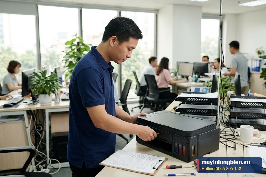 Bảo dưỡng máy in phun màu định kỳ tại văn phòng Hà Nội, kỹ thuật viên kiểm tra máy theo danh mục Bảo dưỡng máy in phun màu định kỳ tại văn phòng Hà Nội, kỹ thuật viên kiểm tra máy theo danh mục
