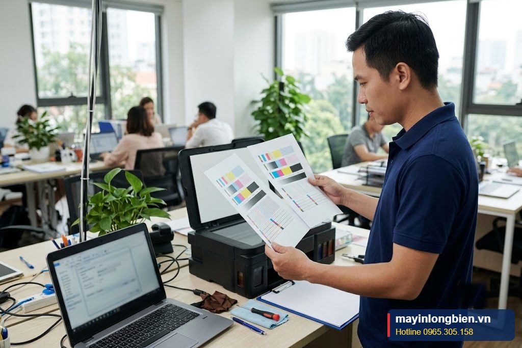 Căn chỉnh đầu phun máy in màu, kỹ thuật viên so sánh bản in chữ nhòe đôi với bản in sau căn chỉnh Căn chỉnh đầu phun máy in màu, kỹ thuật viên so sánh bản in chữ nhòe đôi với bản in sau căn chỉnh
