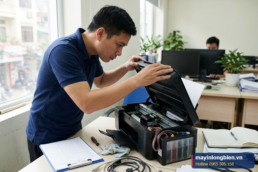 Kỹ thuật viên kiểm tra cụm đầu in máy in phun không chạy tại văn phòng Hà Nội Kỹ thuật viên kiểm tra cụm đầu in máy in phun không chạy tại văn phòng Hà Nội