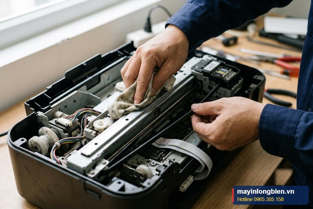 Cận cảnh dây curoa và ray trượt cụm đầu in máy in phun màu Cận cảnh dây curoa và ray trượt cụm đầu in máy in phun màu