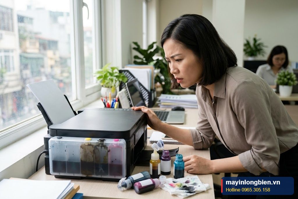 Bình mực máy in phun bị đổ nhầm màu mực trên bàn văn phòng Bình mực máy in phun bị đổ nhầm màu mực trên bàn văn phòng