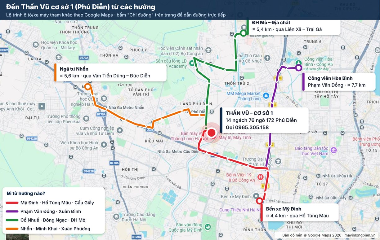 Bản đồ lộ trình tới Thần Vũ cơ sở 1 từ Mỹ Đình, Nhổn, Cổ Nhuế, Phạm Văn Đồng