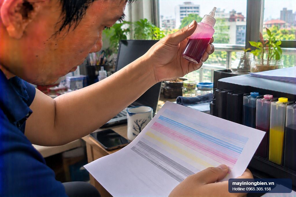 Epson in sọc ngang sau khi đổ mực ngoài, kỹ thuật viên kiểm tra bình mực