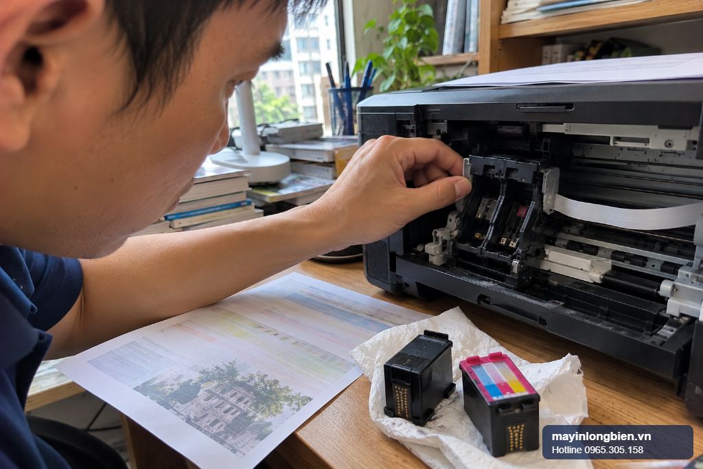 Hộp mực Canon PG-745 và CL-746 tháo ra đặt cạnh máy in phun nhỏ trên bàn học