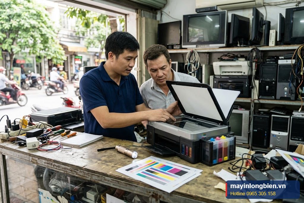 Kỹ thuật viên kiểm tra máy in phun cũ trước khi mua, in bản test đầu phun trên bàn