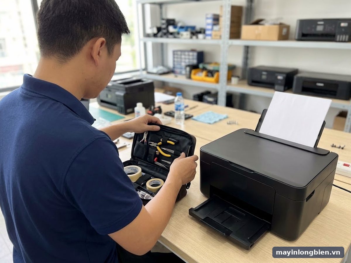 Kỹ thuật viên Thần Vũ sửa máy in phun màu tận nơi cho khách Xuân Phương