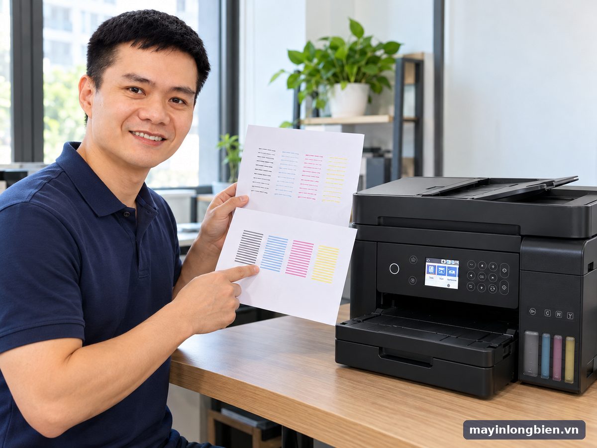 Kỹ thuật viên Thần Vũ thông đầu phun máy in màu cho khách Bắc Từ Liêm tại xưởng Phú Diễn