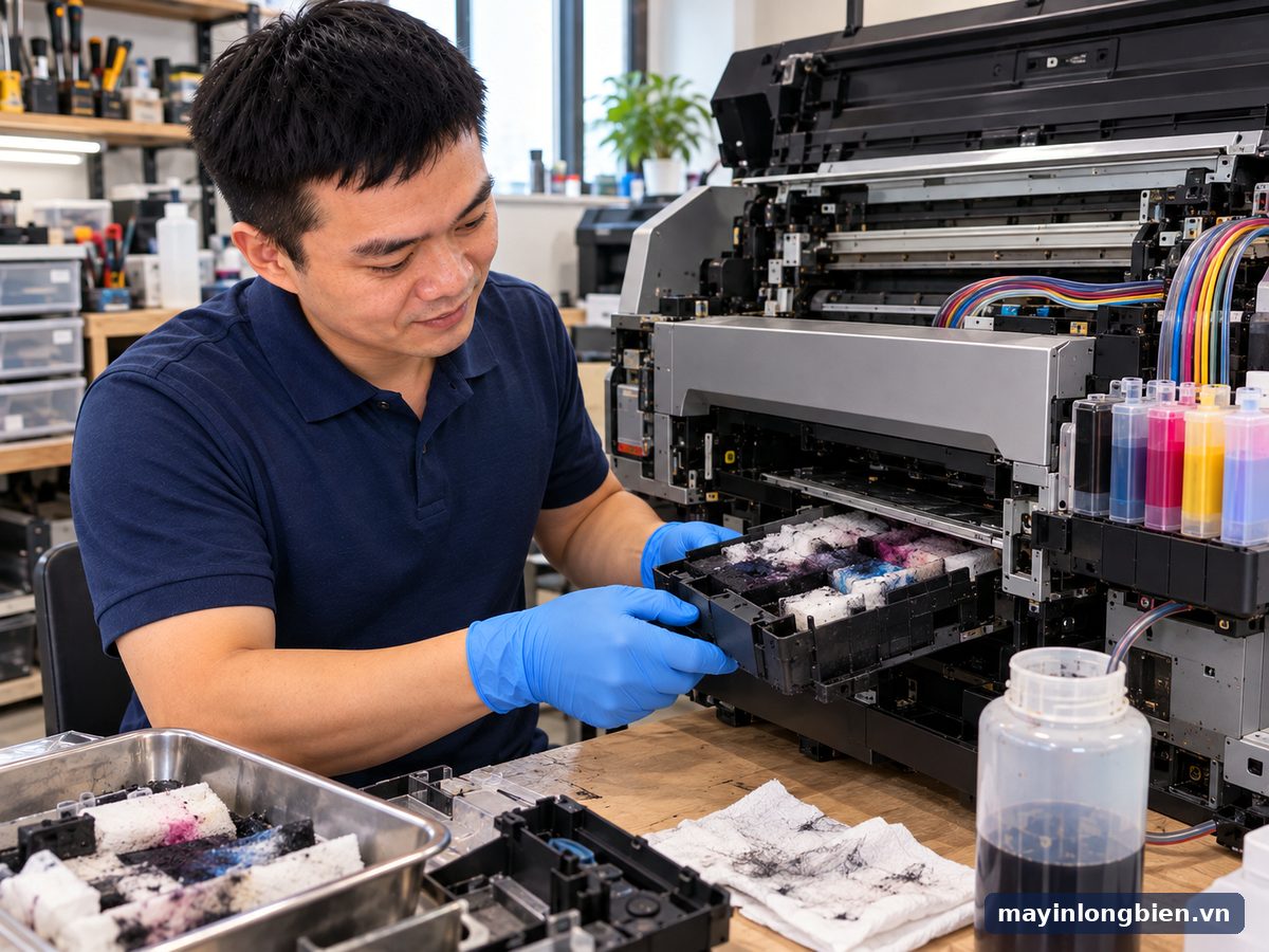 Kỹ thuật viên Thần Vũ thay đệm mực thải máy in Epson tại xưởng Phú Diễn