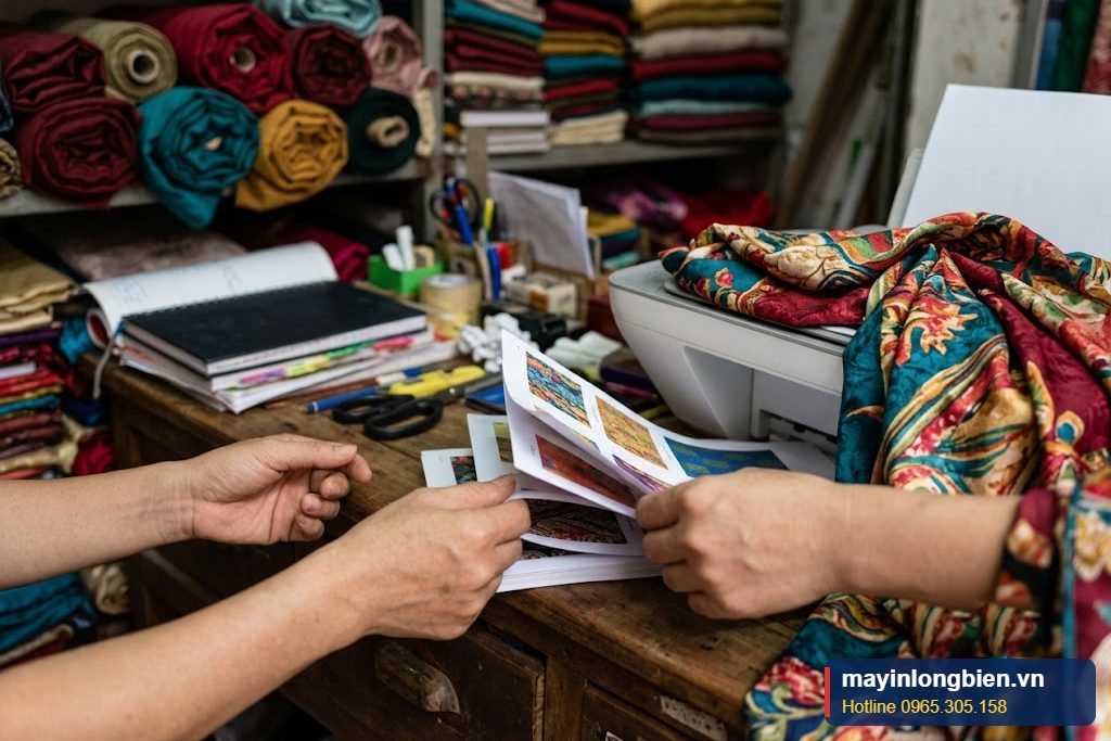 Máy in cửa hàng lụa Vạn Phúc in catalogue màu vải đặt cạnh cuộn lụa thật Máy in cửa hàng lụa Vạn Phúc in catalogue màu vải đặt cạnh cuộn lụa thật