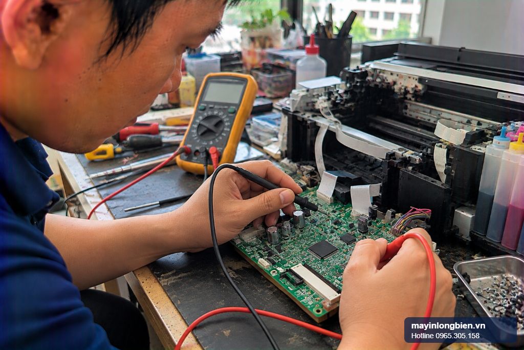 Kỹ thuật viên kiểm tra bo mạch máy in Epson báo lỗi 0x97