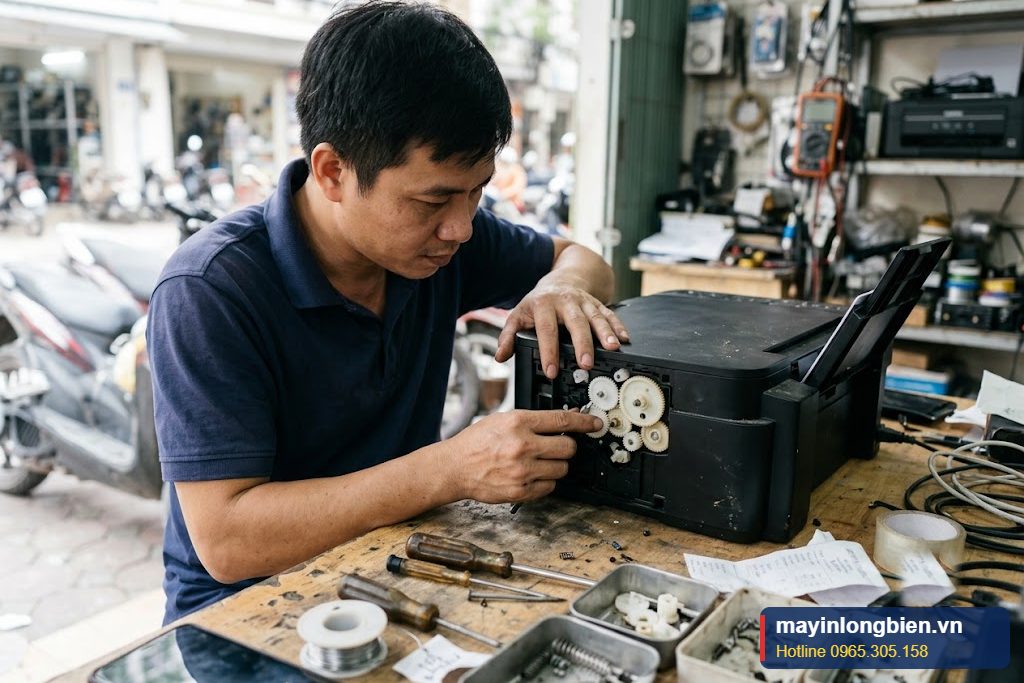 Kỹ thuật viên tháo vỏ hông kiểm tra bánh răng bộ kéo giấy khi sửa lỗi 6000 máy in Canon