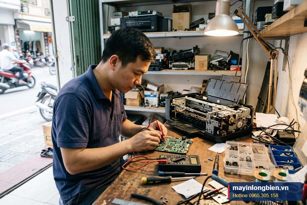 Kỹ thuật viên đo kiểm bo mạch máy in Canon báo lỗi B200 trên bàn sửa chữa