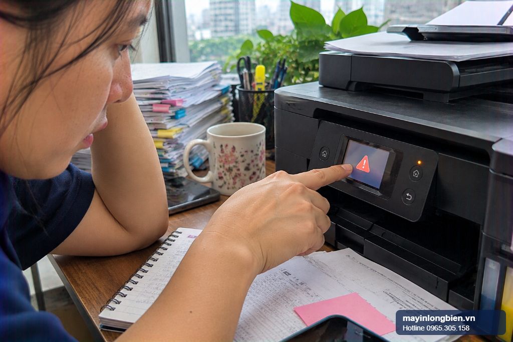 Máy in Epson báo lỗi E-11 trên màn hình do pad mực thải cần thay