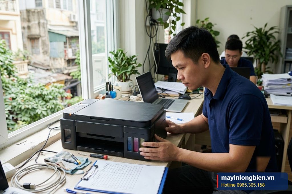Máy in phun báo hết mực dù bình mực còn đầy, kỹ thuật viên kiểm tra mức mực tại văn phòng Hà Nội Máy in phun báo hết mực dù bình mực còn đầy, kỹ thuật viên kiểm tra mức mực tại văn phòng Hà Nội
