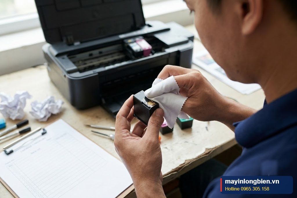 Lau tiếp điểm chip hộp mực máy in phun bằng khăn mềm khi máy báo hết mực Lau tiếp điểm chip hộp mực máy in phun bằng khăn mềm khi máy báo hết mực