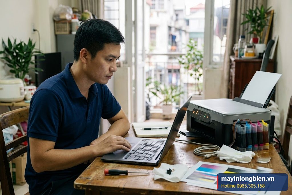 Máy in phun báo tràn mực thải đang được kỹ thuật viên kiểm tra tại nhà ở Hà Nội Máy in phun báo tràn mực thải đang được kỹ thuật viên kiểm tra tại nhà ở Hà Nội