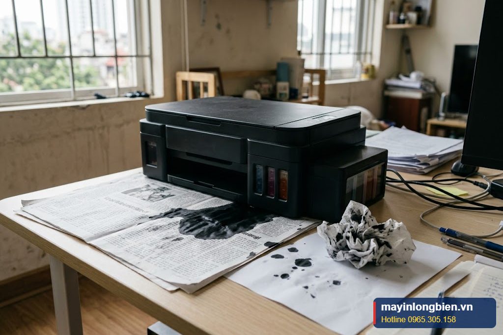 Máy in phun chảy mực loang dưới chân máy trên bàn làm việc Máy in phun chảy mực loang dưới chân máy trên bàn làm việc