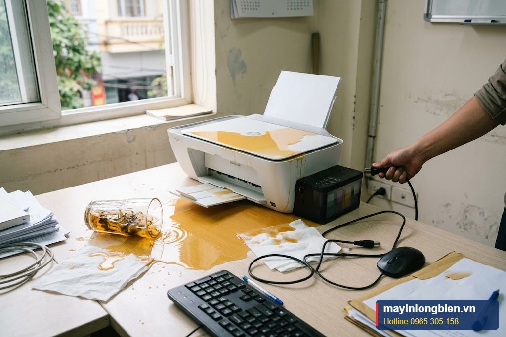 Máy in phun bị vào nước do đổ cốc trà trên bàn văn phòng Hà Nội