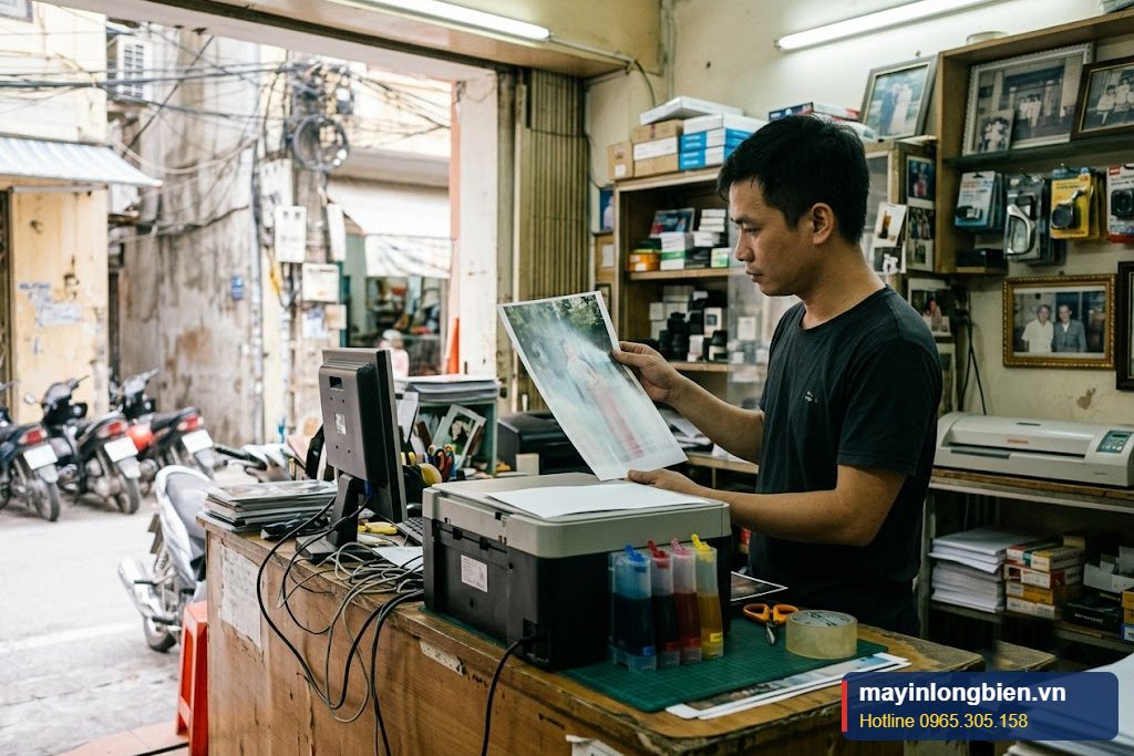 Máy in phun bị khí trong ống dẫn mực, bản in màu nhạt dần ở cửa hàng in ảnh