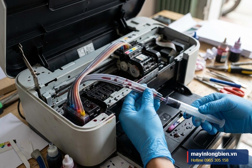 Cận cảnh ống dẫn mực máy in phun có bọt khí, kỹ thuật viên dùng xi lanh đuổi khí