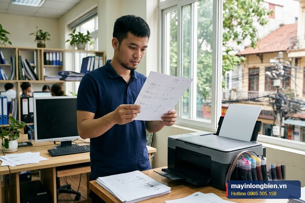 Máy in phun lỗi in 2 mặt, kỹ thuật viên kiểm tra vệt mực trên mặt sau tờ giấy tại văn phòng Hà Nội Máy in phun lỗi in 2 mặt, kỹ thuật viên kiểm tra vệt mực trên mặt sau tờ giấy tại văn phòng Hà Nội