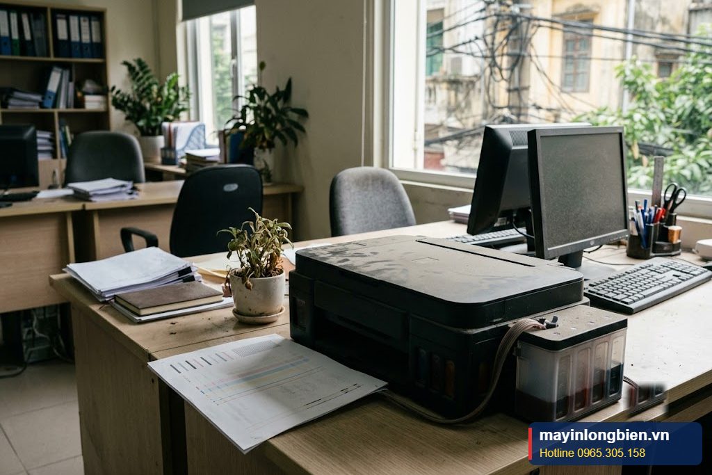 Máy in phun để lâu không dùng bị tắc mực phủ bụi trong văn phòng Hà Nội