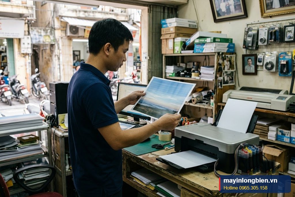 Máy in phun in ảnh bị sọc mờ banding, kỹ thuật viên kiểm tra tấm ảnh phong cảnh vừa in Máy in phun in ảnh bị sọc mờ banding, kỹ thuật viên kiểm tra tấm ảnh phong cảnh vừa in