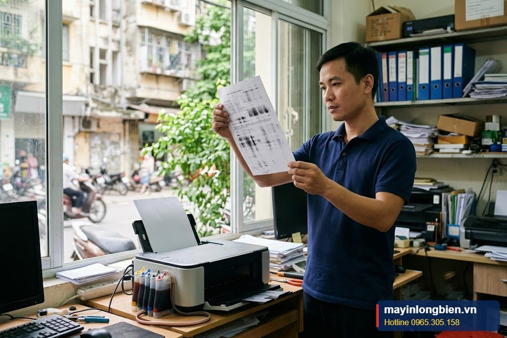 Bản in bị lem mực, nhòe chữ cạnh máy in phun màu tại văn phòng Hà Nội