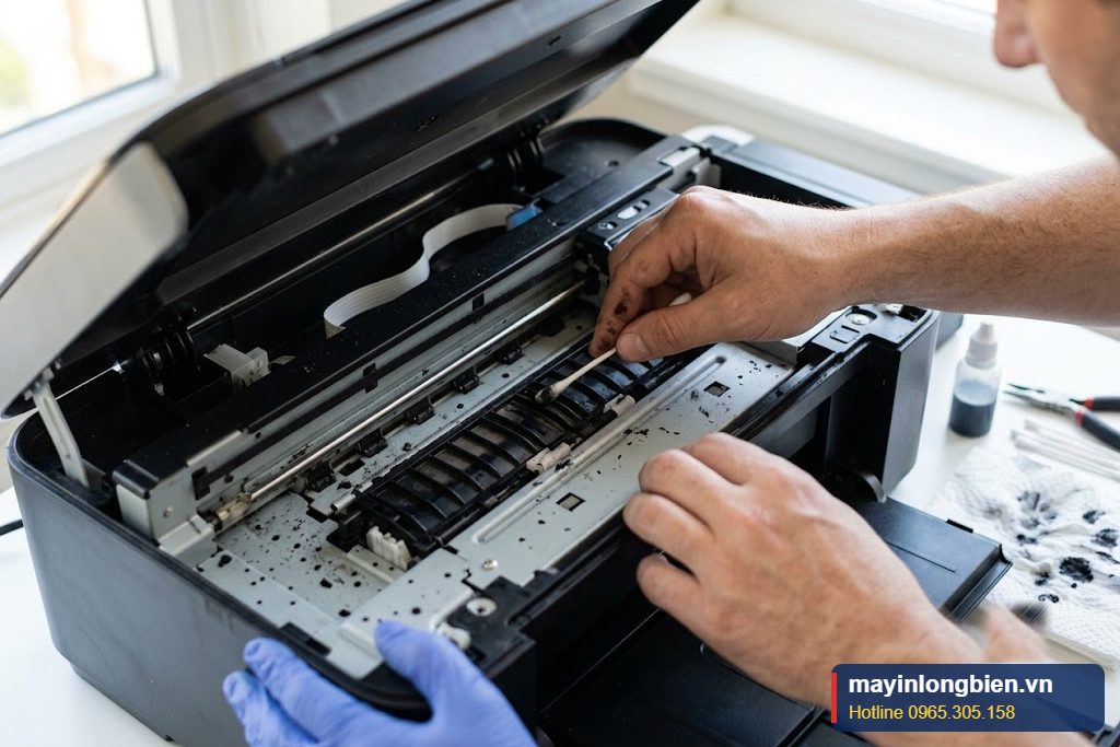 Cận cảnh lau tấm đỡ giấy bị đọng mực trong máy in phun khi in bị lem